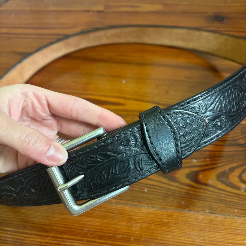 Schaeffer Black Tooled Leather Western Belt Mens Size 46 Floral Scroll Stamped
